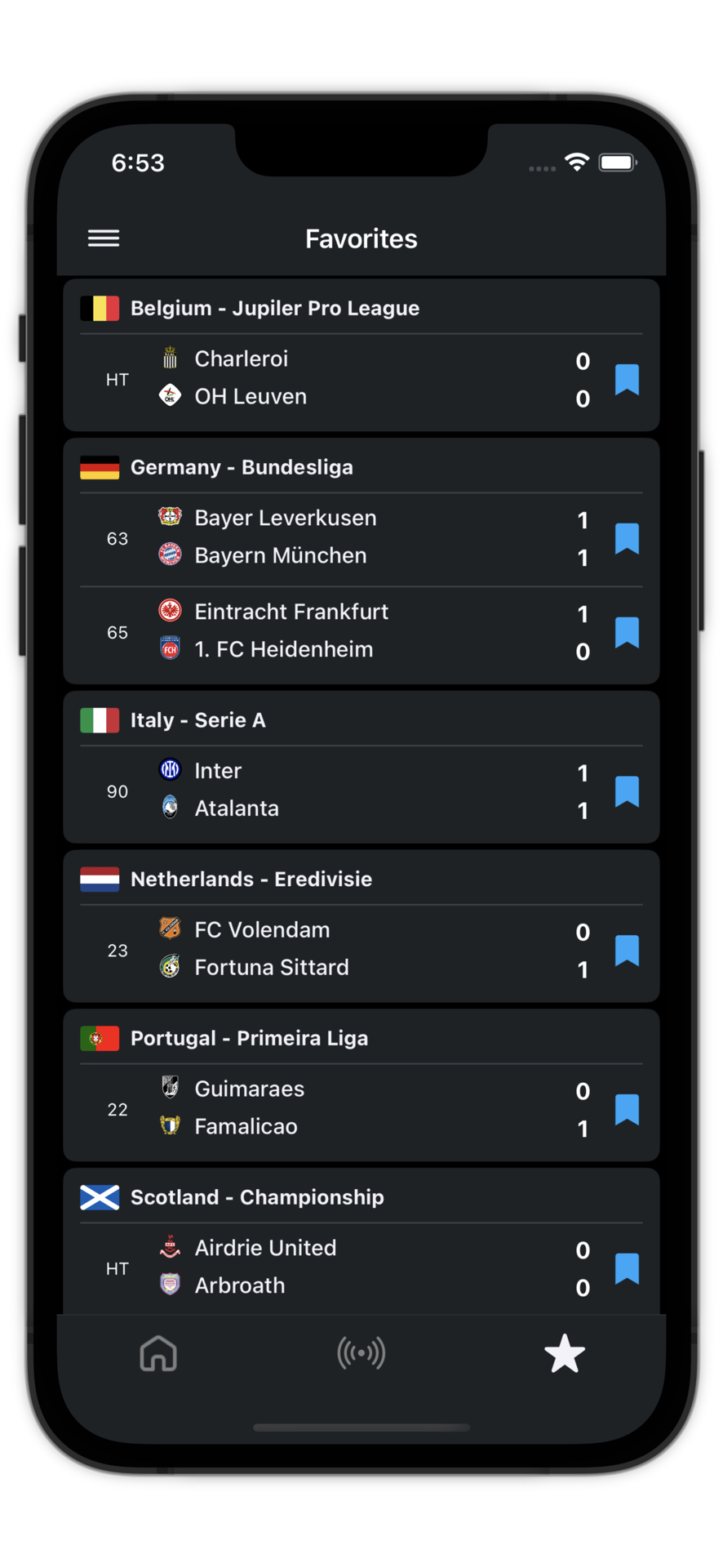SwiftScore favorites with pinned matches across multiple leagues