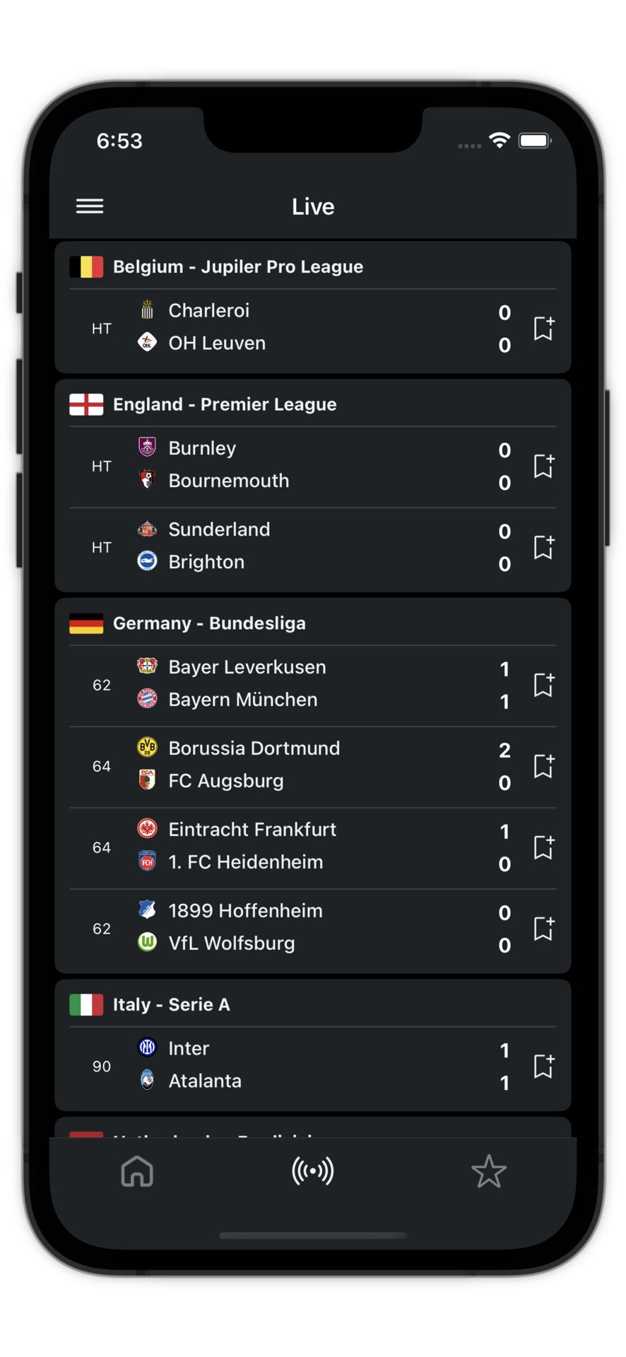 SwiftScore Live tab showing simultaneous matches across the Premier League, Bundesliga, Serie A and Belgian Jupiler Pro League