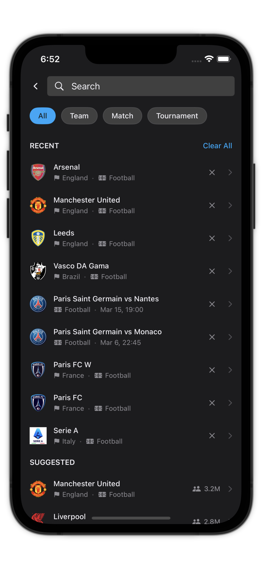 SwiftScore search with team, match and tournament filters