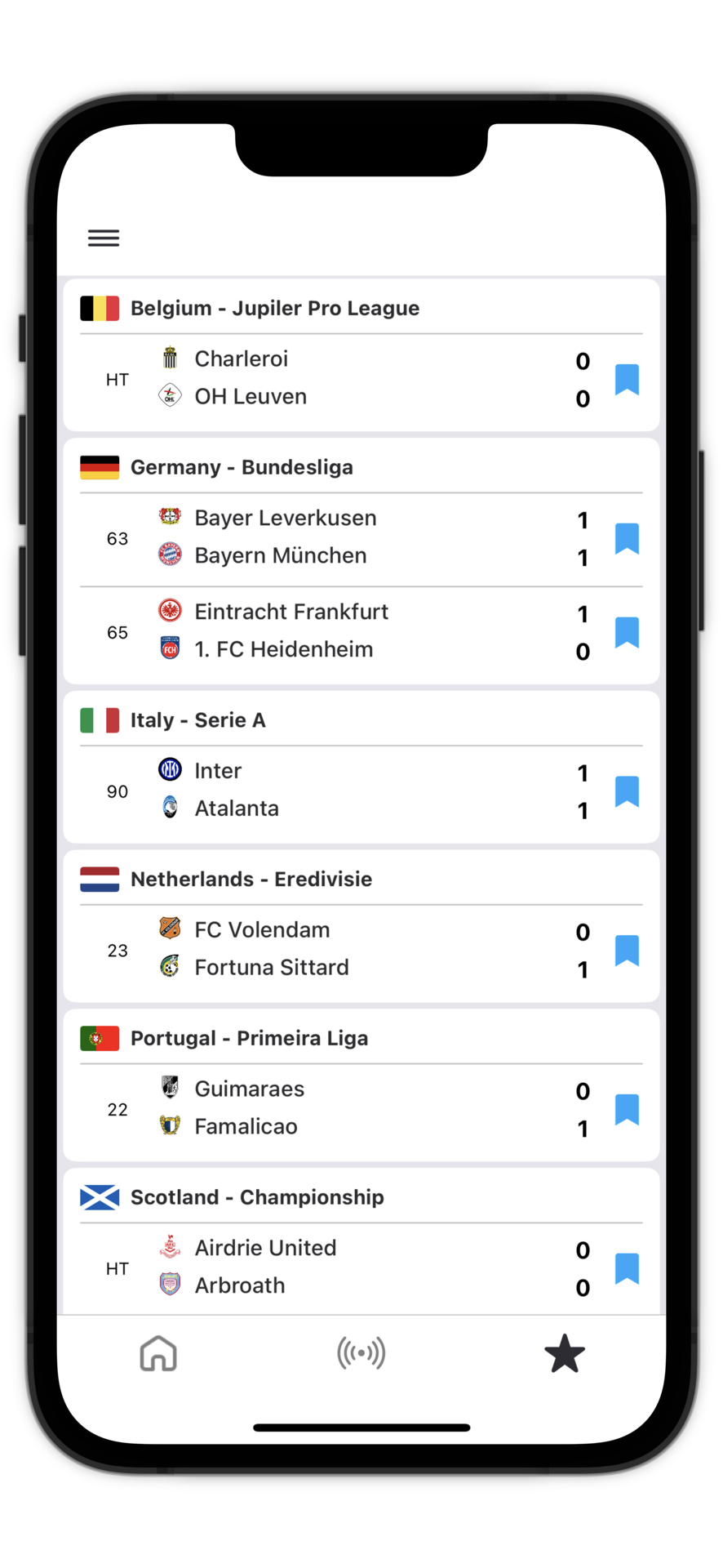 SwiftScore in light mode — favorites