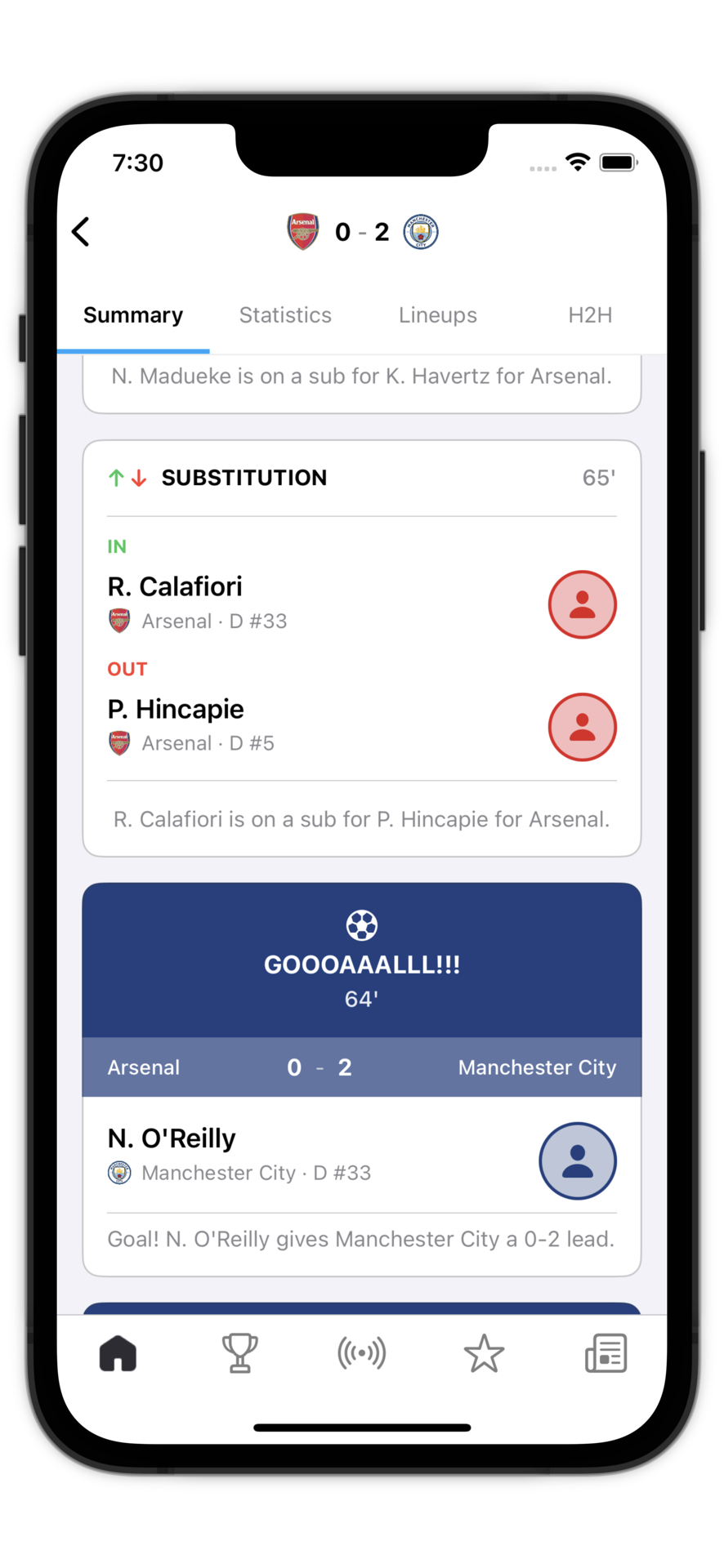 SwiftScore in light mode — match summary
