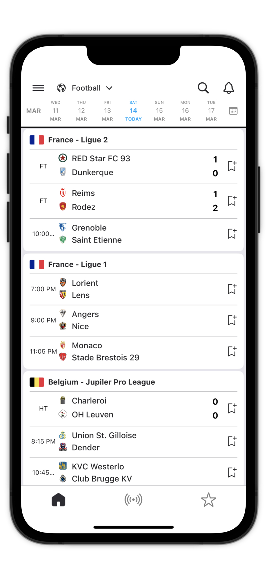 SwiftScore in light mode — schedule